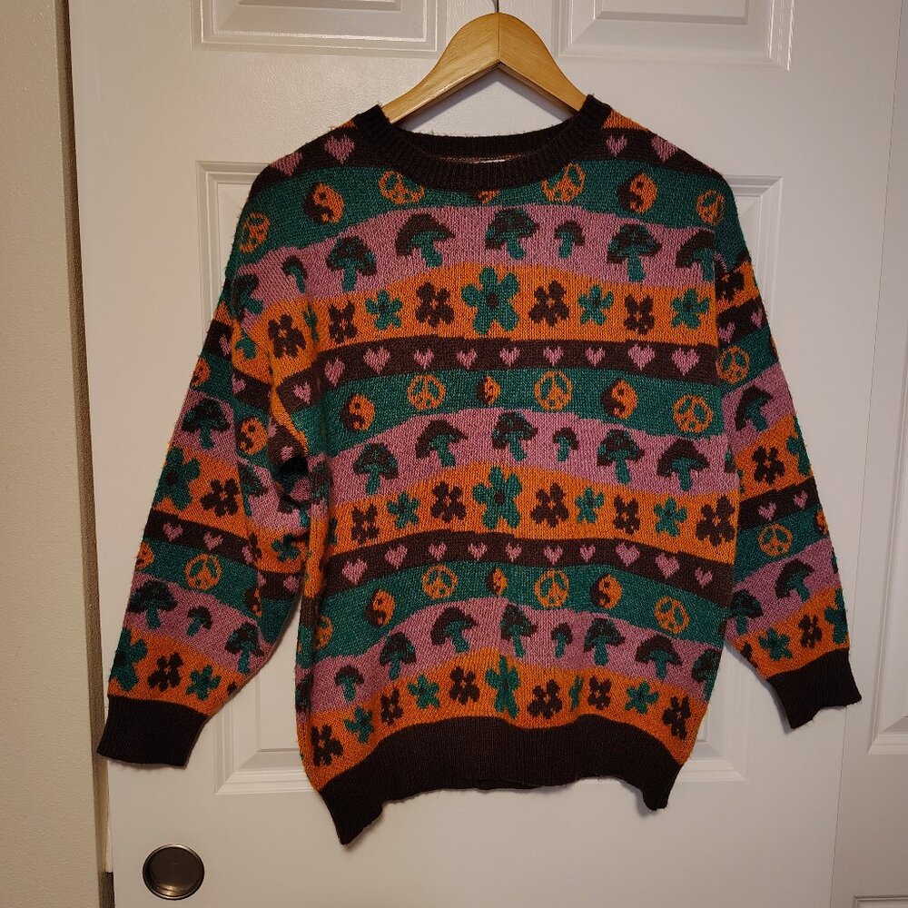 Stitch & Pine Ugly Sweater Throwback Retro Psychedelic Striped Top Mushrooms